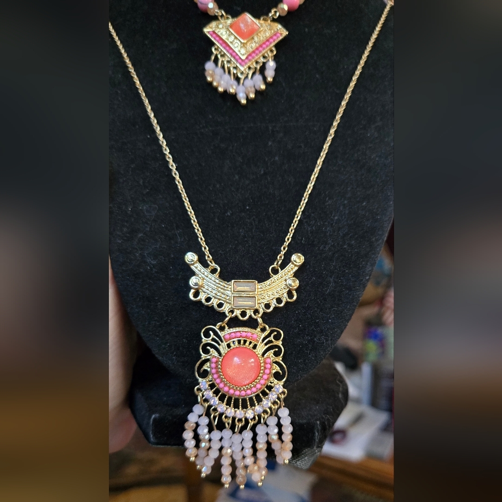 Handmade dual peach tribal style long statement necklace sz34" - Picture 3 of 7
